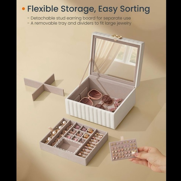 Large Jewelry Box with 2 Tiers, Mirror, Organizer, Removable Tray - Picture 4 of 8